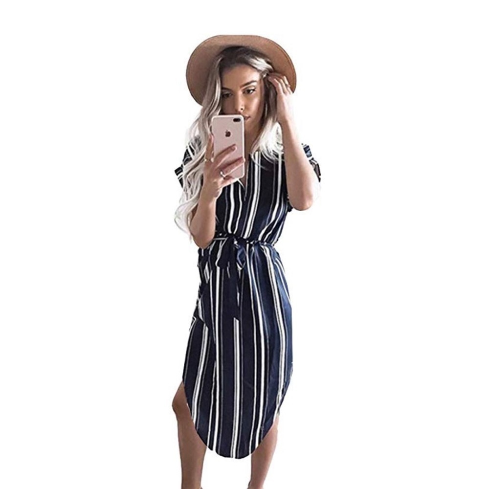 Navy Striped Casual Short Sleeve Midi Dress